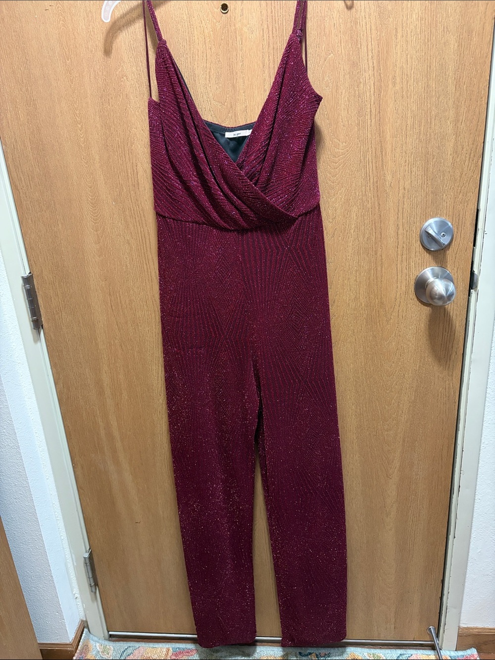 Glitter Draped V-Neck Jumpsuit in Burgundy